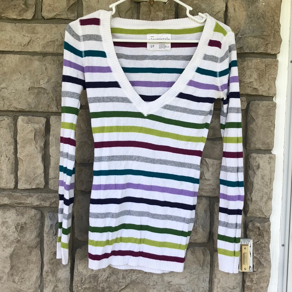 Aeropostale V neck sweater with jewel tone stripes